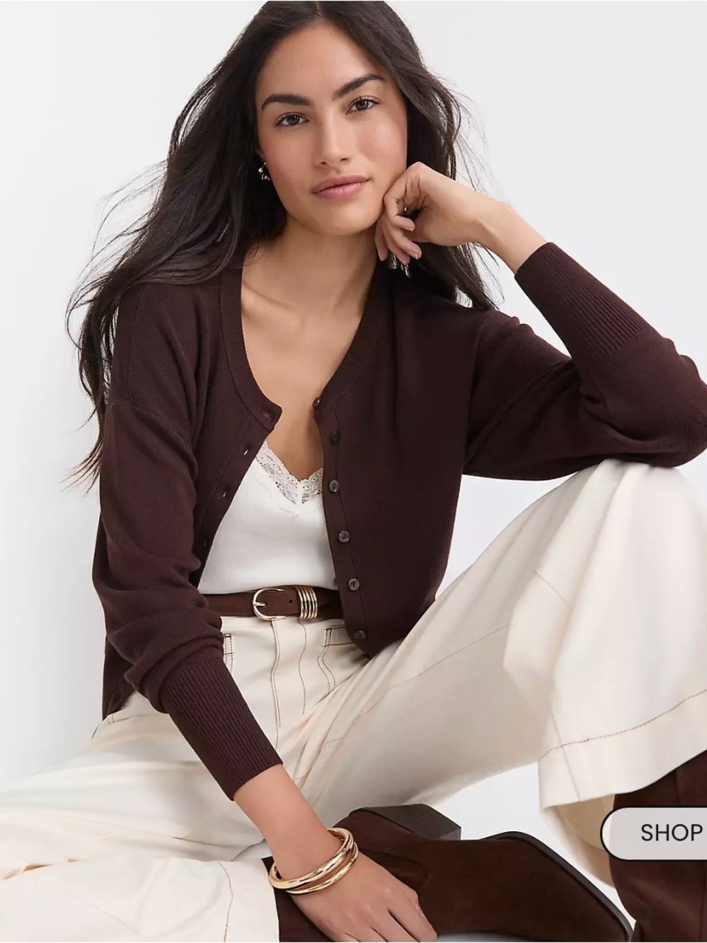 LOFT Ribtrim Waist Cardigan Medium Brown - Picture 3 of 14